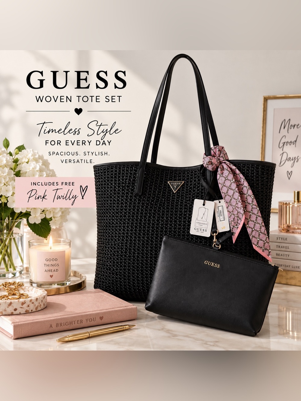 NEW GUESS Brigitta Black Woven Lg Tote Shopper Bag + Wristlet + twilly